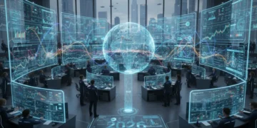 Futuristic trading floor with AI-powered financial analysis