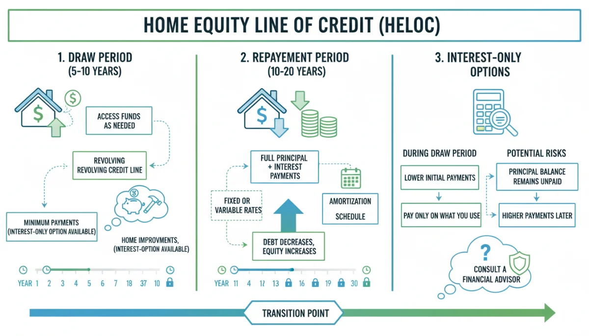 Infographic detailing HELOC draw and repayment phases, explaining interest-only payments and full principal and interest repayment structures.