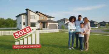 Family reviewing financial data on a tablet in front of their suburban home, symbolizing home equity growth and HELOC utilization in 2026.