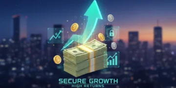 Illustration of growing money stack with digital finance symbols, representing high-yield savings accounts in 2026