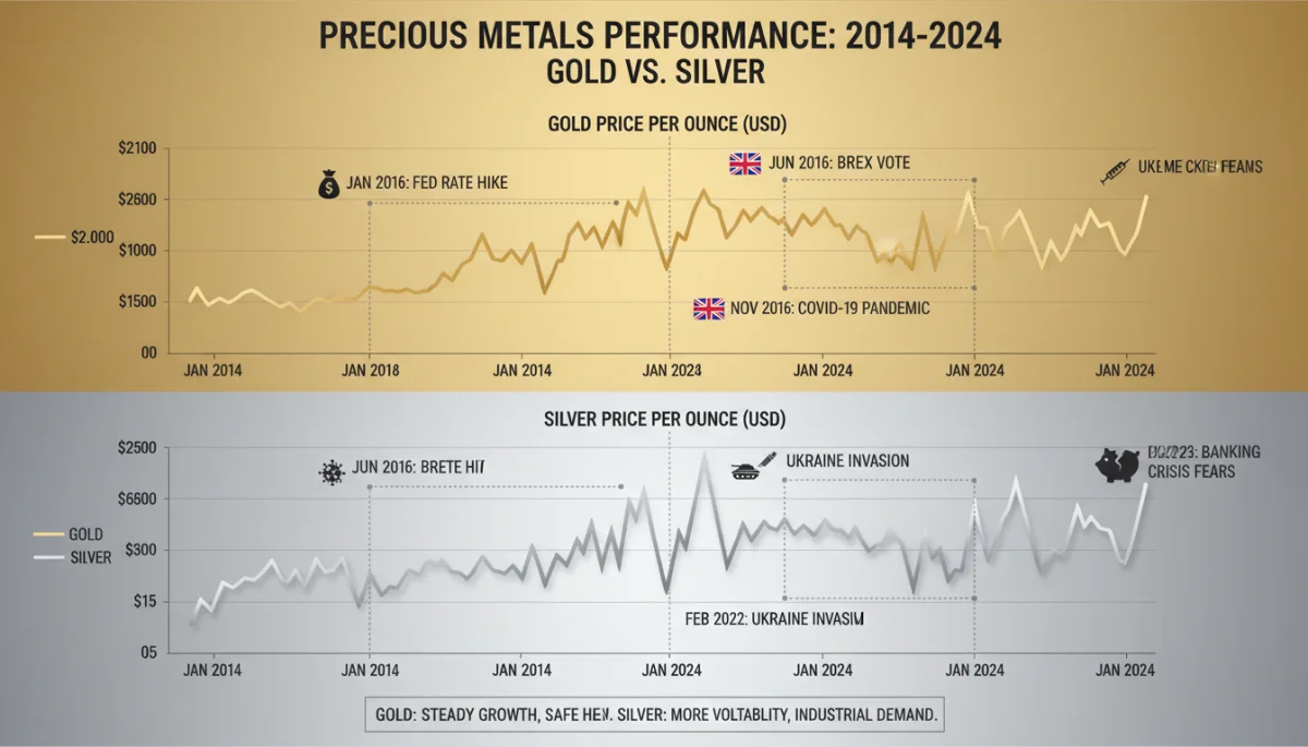 Historical price chart comparing gold and silver performance over ten years.