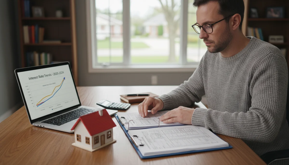 Homeowner analyzing interest rates and financial documents