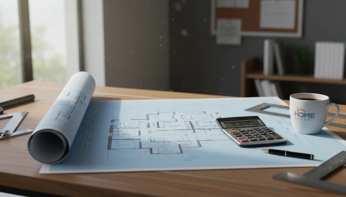 Architectural blueprint and financial planning tools on a drafting table