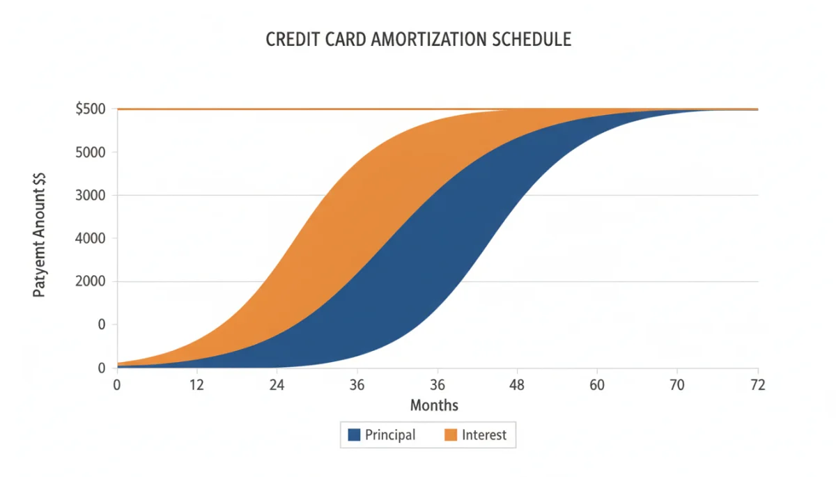 Graph showing interest versus principal payments over time on a credit card.
