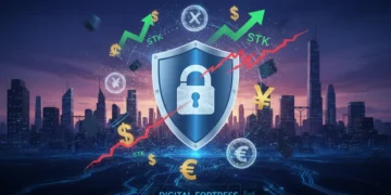 Shield protecting financial symbols from digital threats, representing investment fraud prevention in 2026.