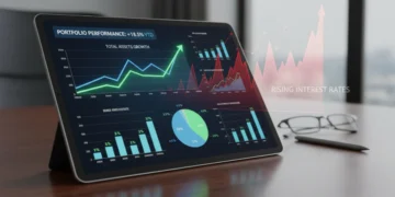Investment portfolio on tablet with rising interest rate graphs