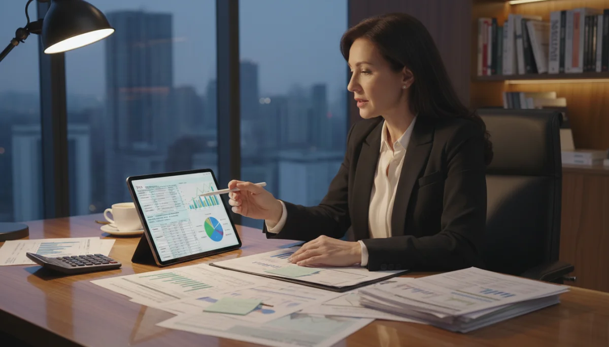 Investor analyzing financial documents and tax forms for strategic planning