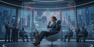 Investor calmly observing a fluctuating stock market graph during a 2026 downturn