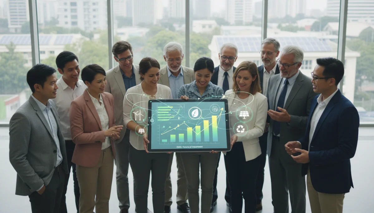 Investors analyzing sustainable energy charts on a tablet, symbolizing broad ESG adoption