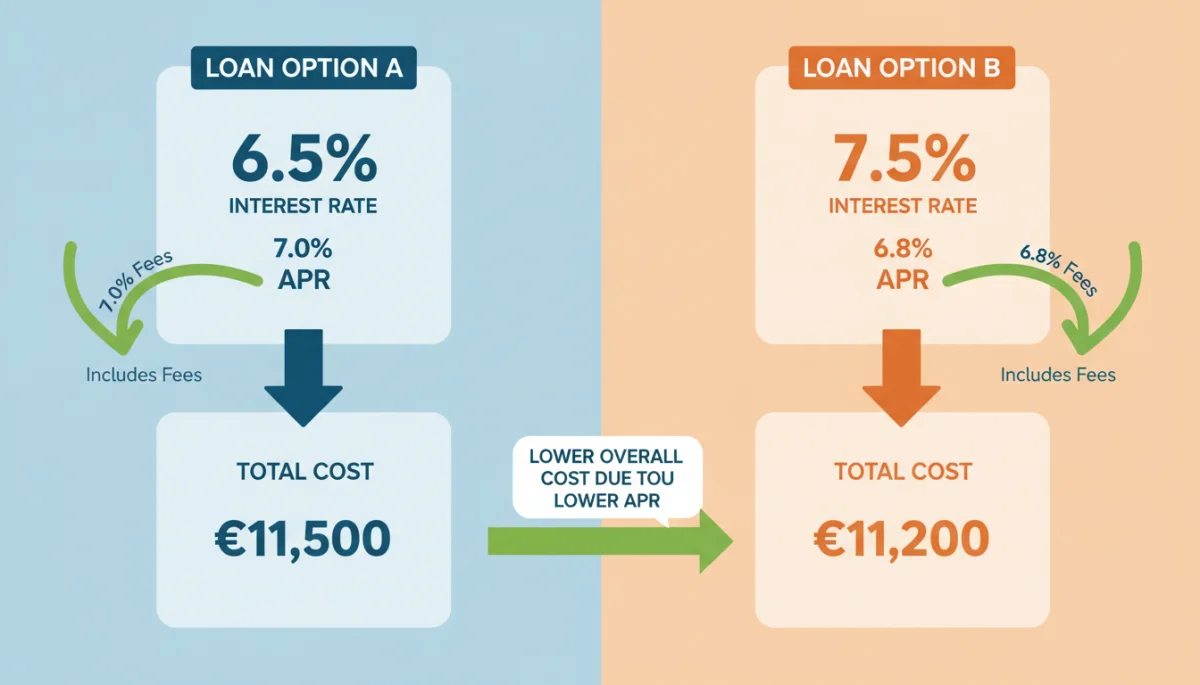 Illustration comparing two loan options, showing the difference in total cost when considering interest rate versus APR.