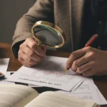 Woman carefully examining loan statement for errors