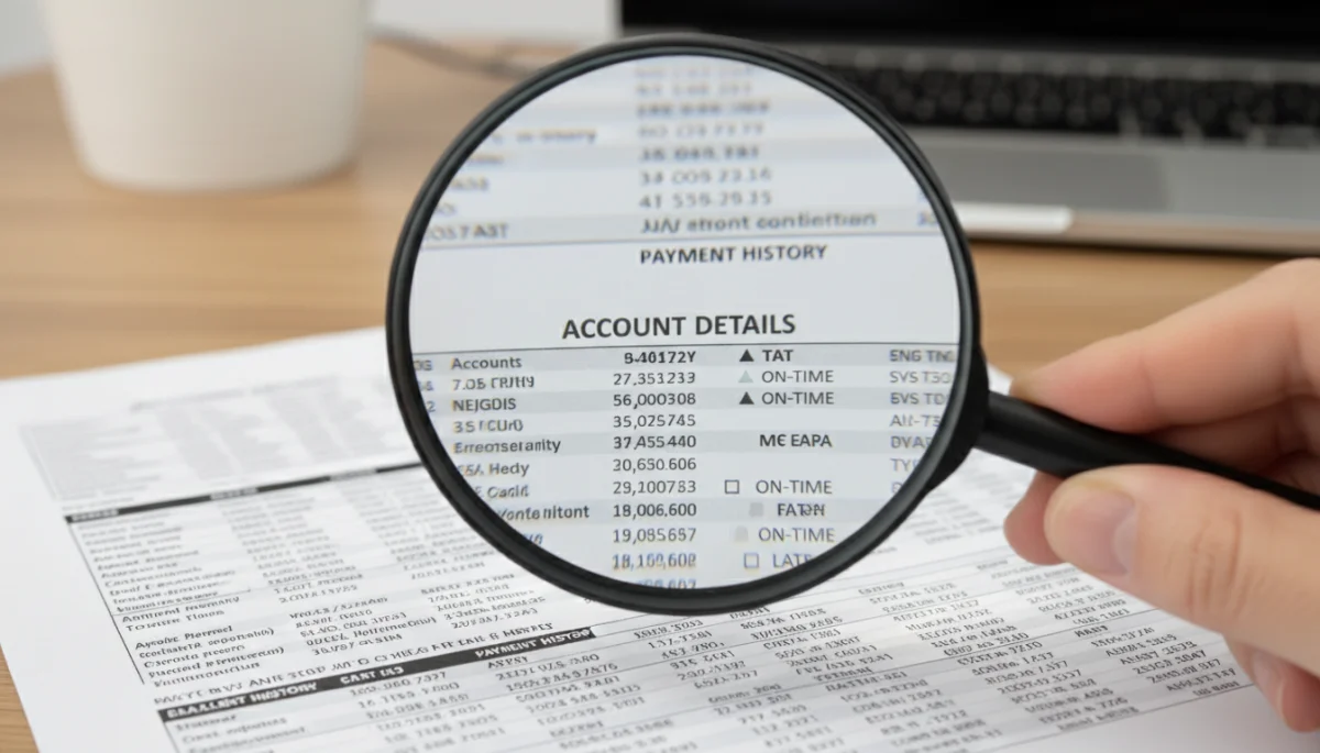 Magnifying glass examining account details on a credit report