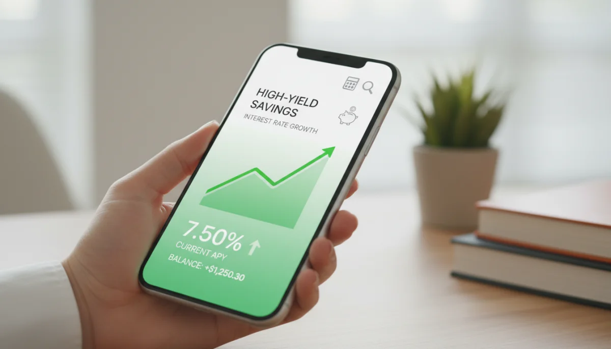Mobile banking app showing high-yield savings account growth