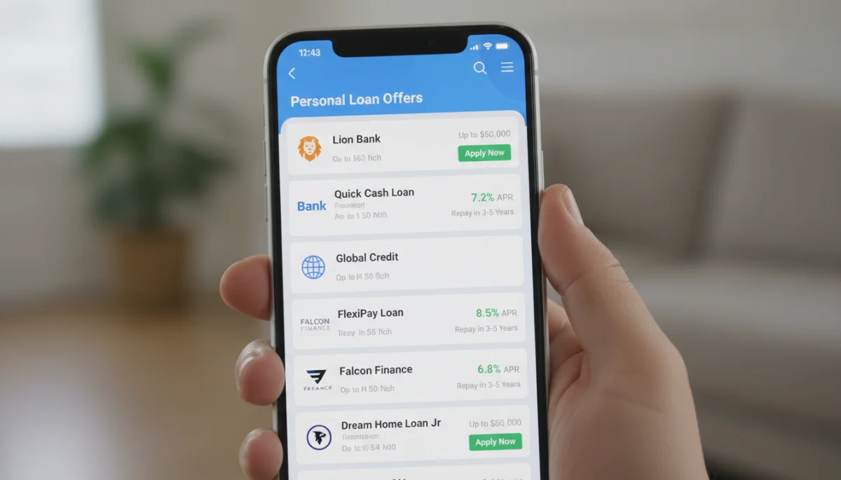 Mobile banking app displaying various personal loan offers and rates