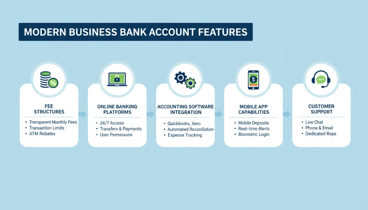 Infographic detailing key features of modern business bank accounts for startups.