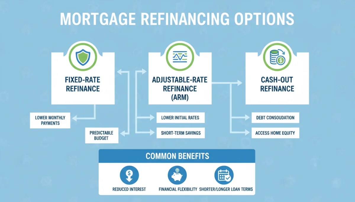 Mortgage refinancing options infographic with benefits