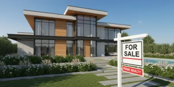 Modern new home construction with 'for sale' sign, symbolizing successful financing
