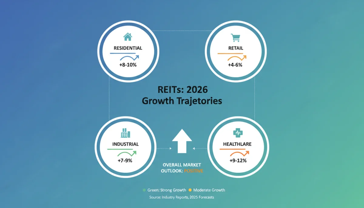 Infographic displaying diverse REIT sectors like residential, industrial, retail, and healthcare, highlighting their growth potential.