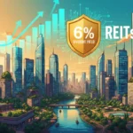 Modern cityscape with financial charts and 6% dividend yield graphic, symbolizing REIT investment potential in 2026.