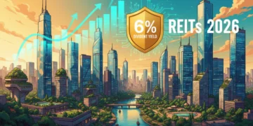Modern cityscape with financial charts and 6% dividend yield graphic, symbolizing REIT investment potential in 2026.