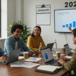 Young adults collaboratively planning retirement finances with laptops and charts