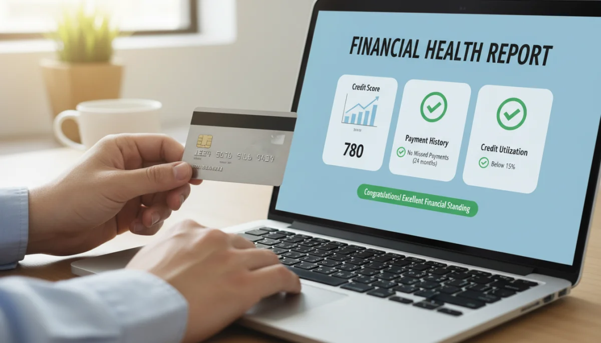 Person reviewing credit report on laptop with credit card
