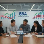 Small business owners discussing SBA loan updates in a modern office