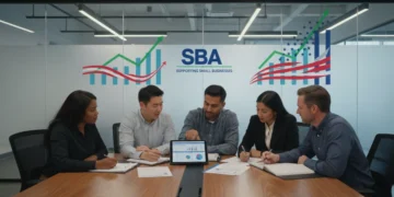 Small business owners discussing SBA loan updates in a modern office