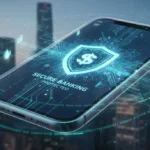Secure mobile banking app on a futuristic smartphone protecting financial data
