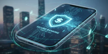 Secure mobile banking app on a futuristic smartphone protecting financial data