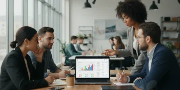 Entrepreneurs analyzing business banking solutions on a laptop in a modern co-working space.