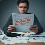 Stressed person holding bank statement with overdraft fee
