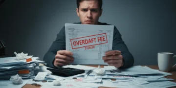 Stressed person holding bank statement with overdraft fee