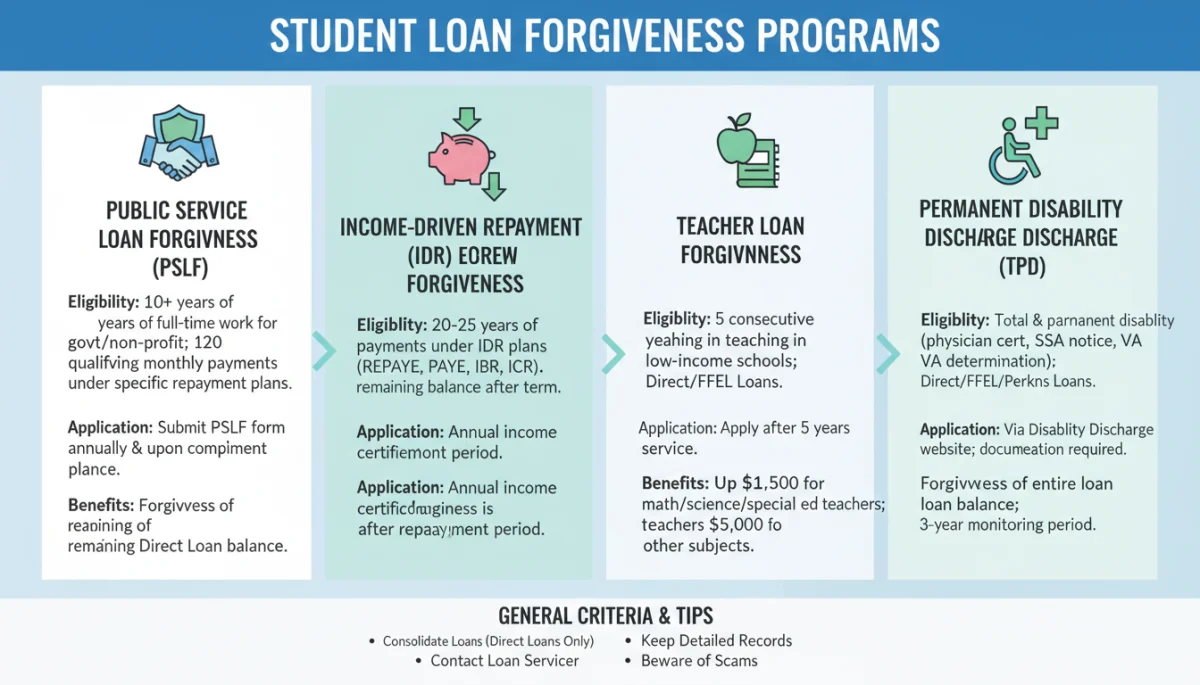 Infographic detailing various student loan forgiveness programs