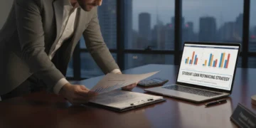 Person reviewing student loan refinancing documents on a laptop