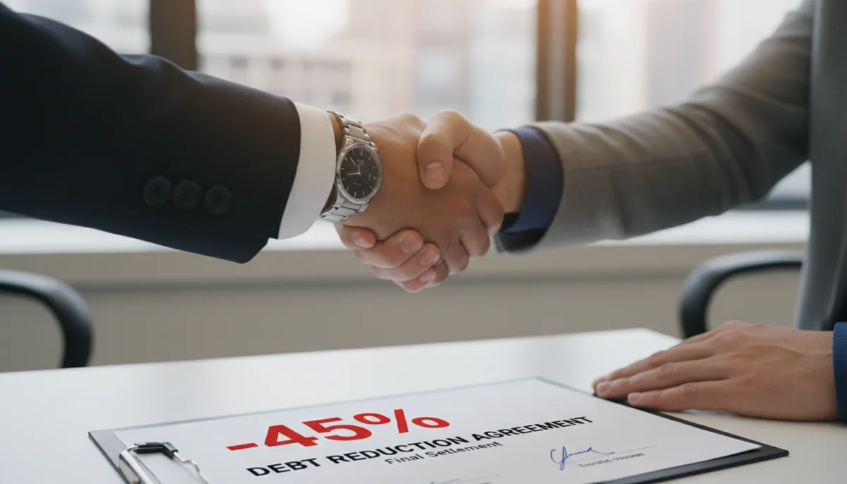 Successful debt negotiation handshake over financial documents