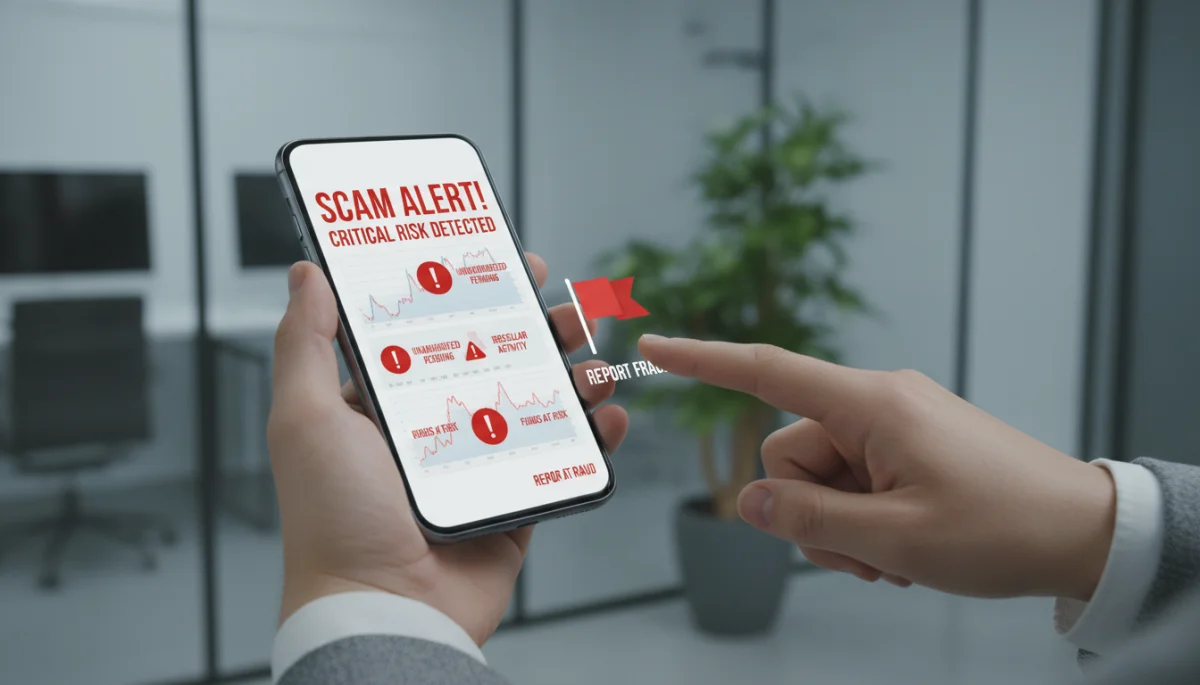 Person identifying red flags on a suspicious investment app on a smartphone.