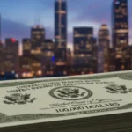 Stacked US Treasury bond certificates with city skyline background, symbolizing financial stability.