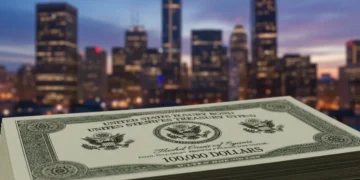 Stacked US Treasury bond certificates with city skyline background, symbolizing financial stability.