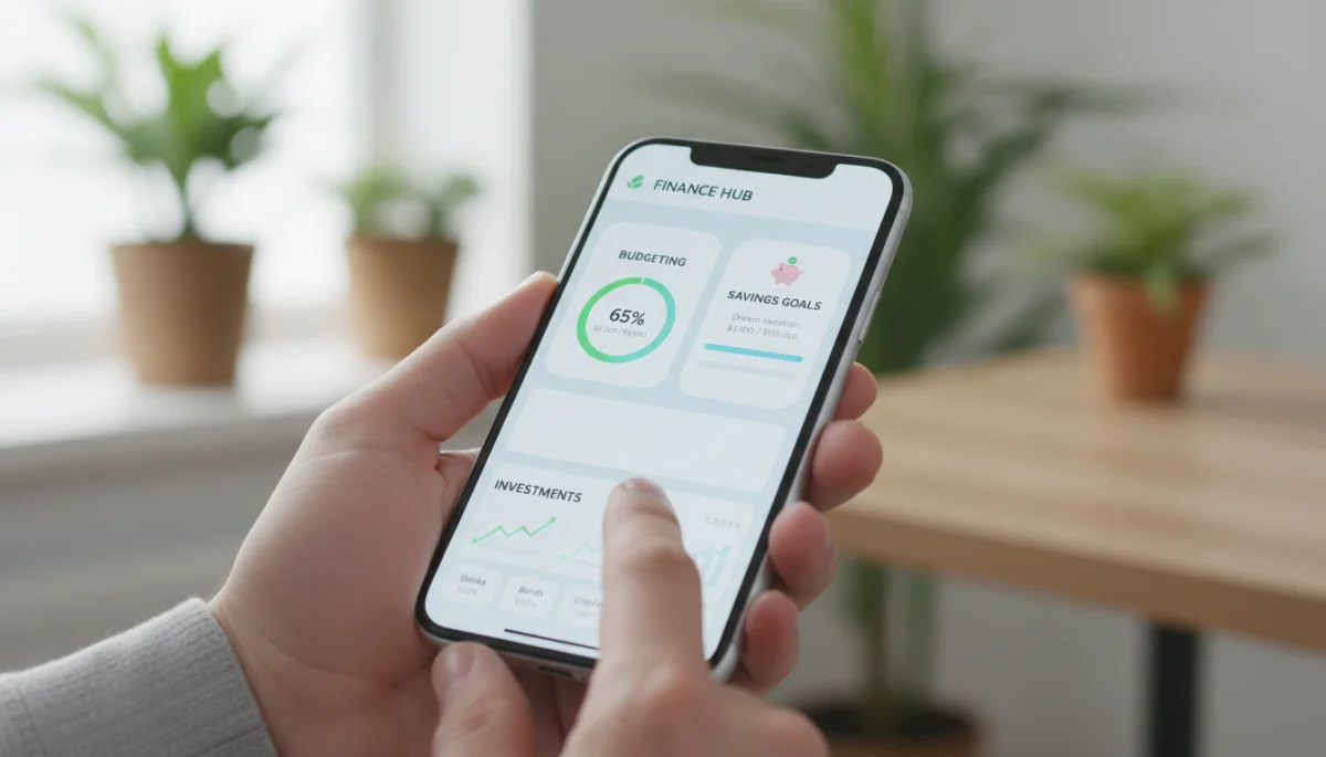 Person interacting with a digital banking interface on a smartphone