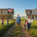 Happy veteran and rural family in front of new homes, symbolizing VA and USDA loan benefits.