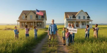 Happy veteran and rural family in front of new homes, symbolizing VA and USDA loan benefits.