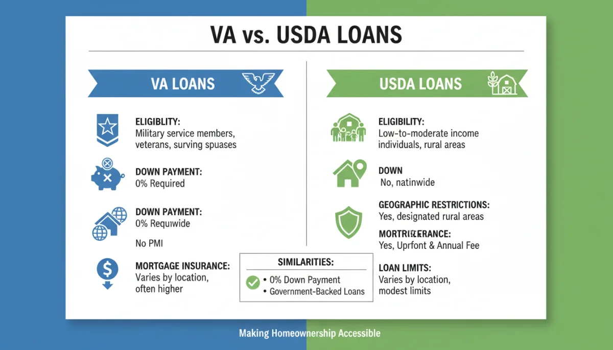 Infographic comparing VA and USDA loan features and eligibility criteria.