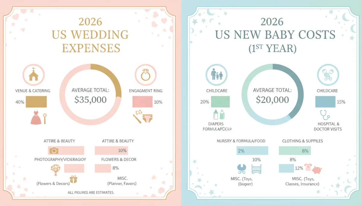 Infographic detailing wedding and baby expenses in 2026